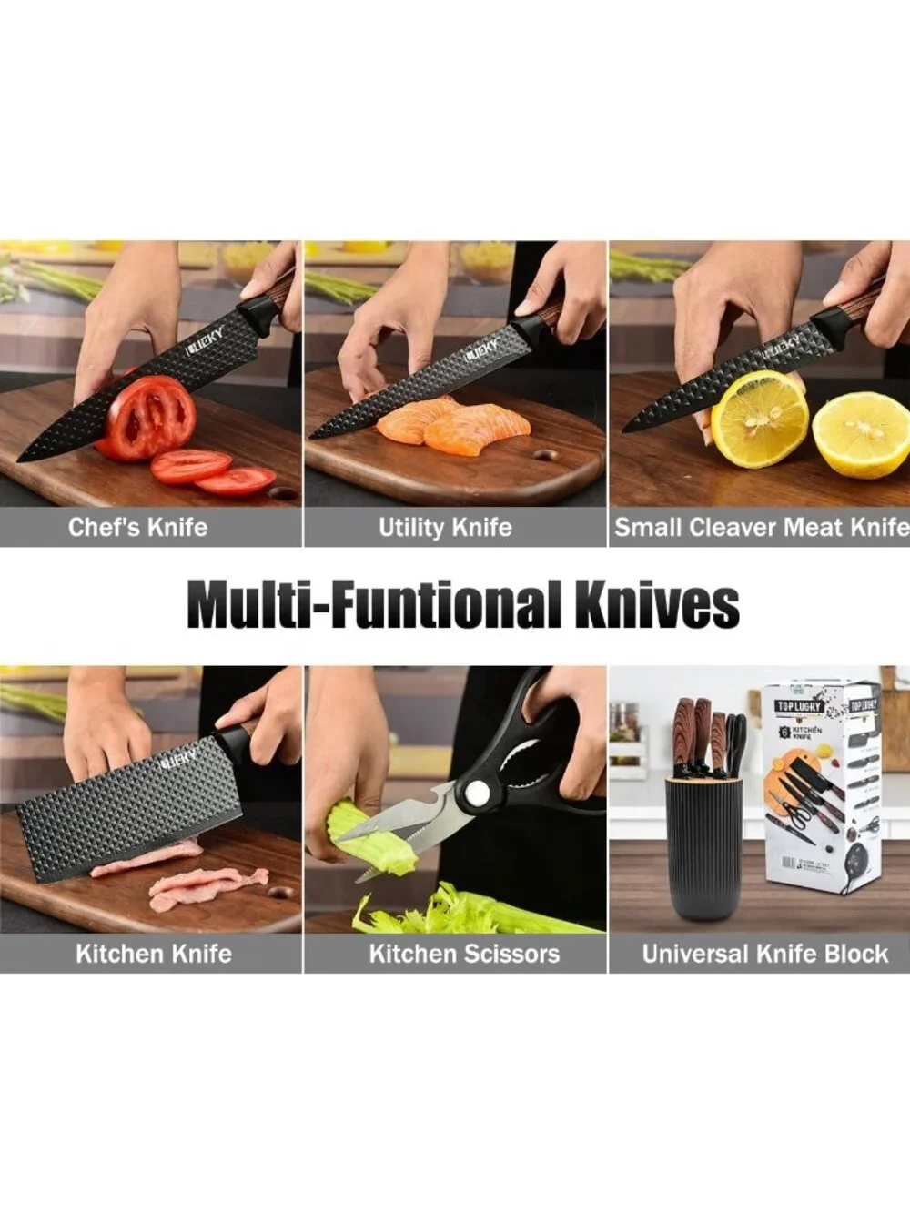 6-Piece Black Kitchen Knife Set - Sharp, Non-Stick Stainless Steel with Block